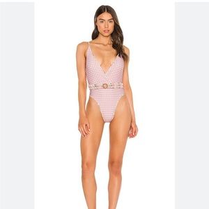Tularosa One Piece Gingham Swimsuit Pink Floral With Belt Size Medium